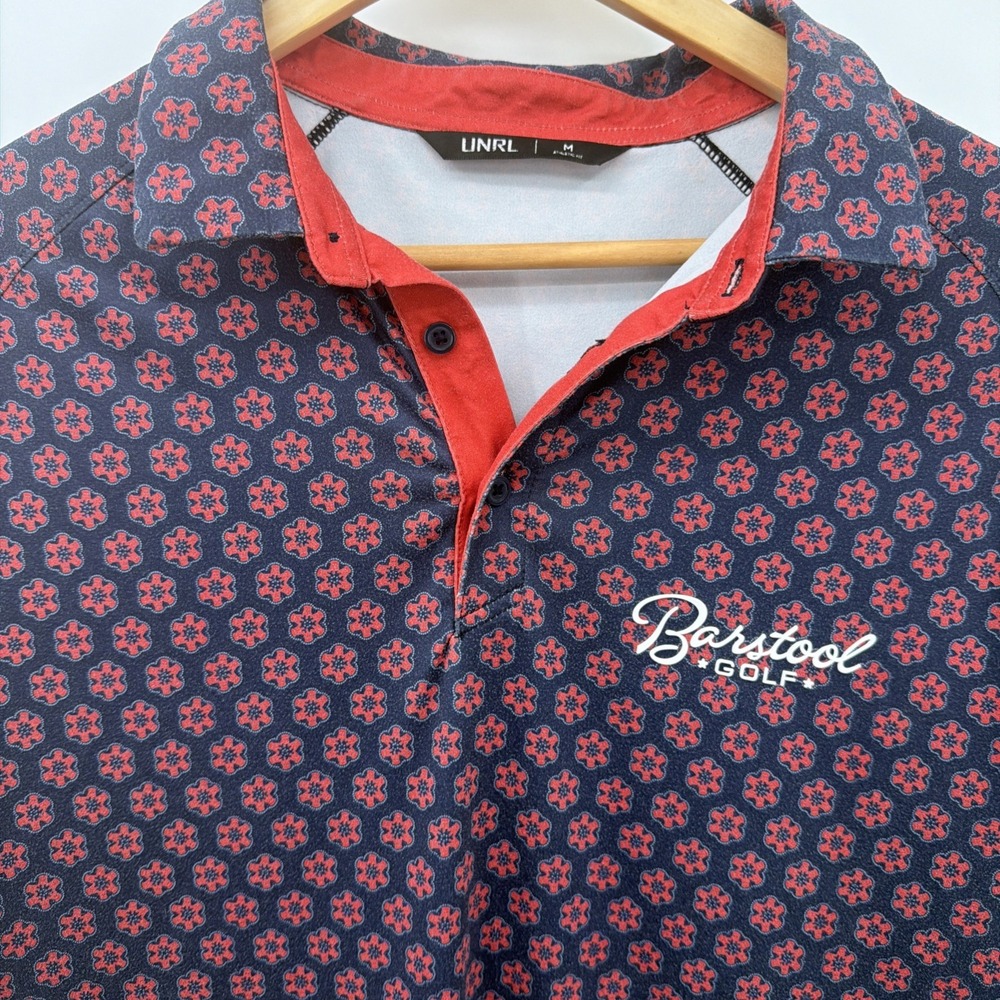 Barstool Sports UNRL Polo Sz M Performance Geometric Golf Shirt Navy Raised Logo